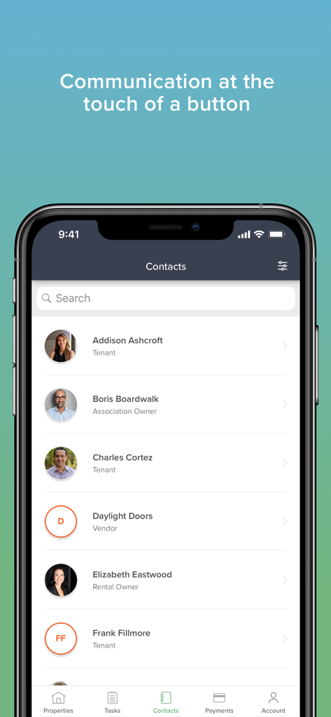 Buildium app contacts screen showing a searchable list of tenants, owners, and vendors.
