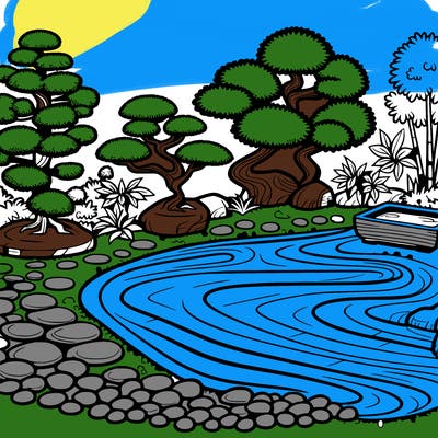 a serene zen garden with raked gravel, bonsai trees, and tranquil ponds