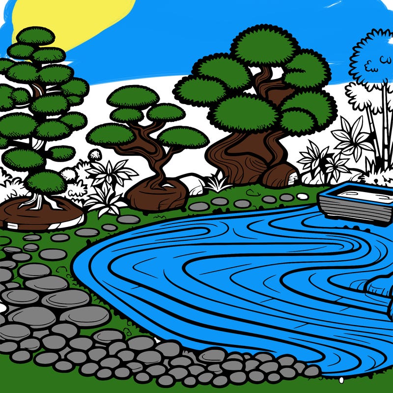 a serene zen garden with raked gravel, bonsai trees, and tranquil ponds