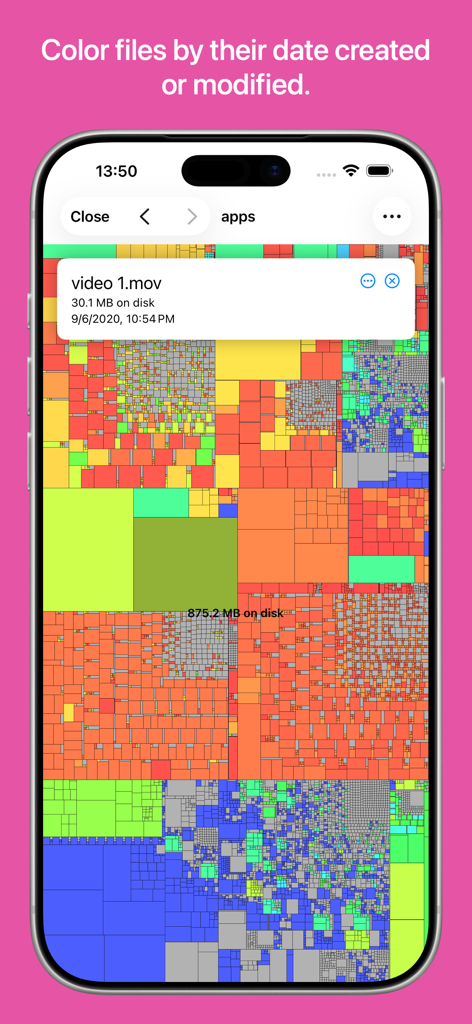 Disk Graph mobile app interface displaying storage usage in a colorful treemap format.