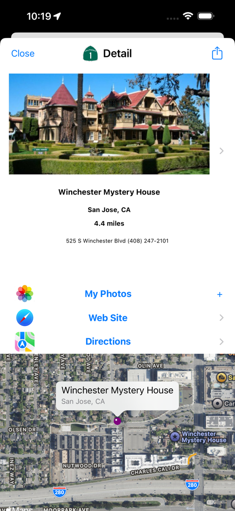 Página de detalles de la Winchester Mystery House con mapa y direcciones en la aplicación de viajes Pacific Coast Highway