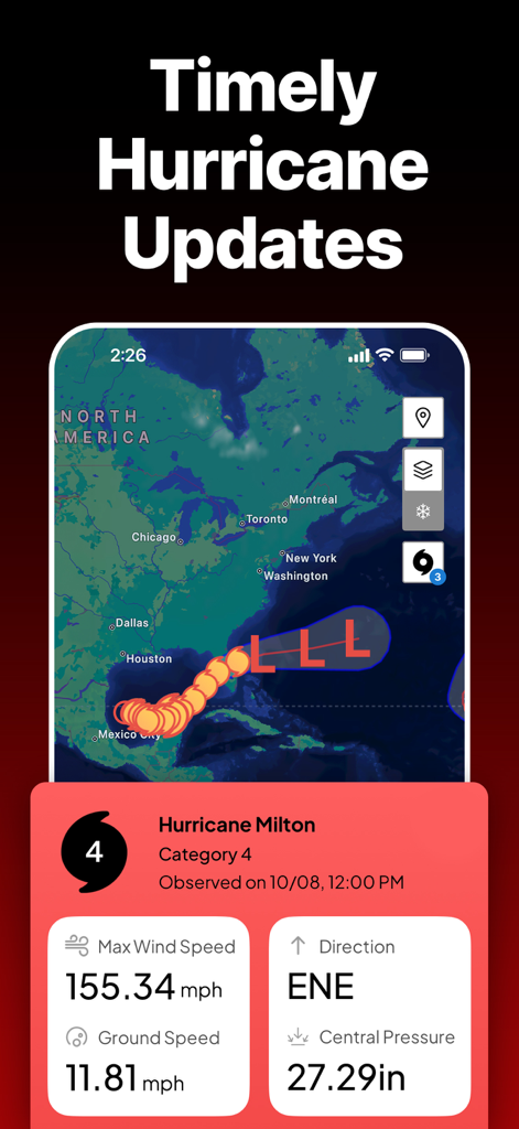 SKAI - NOAA Weather Radar - Interfaz del rastreador de huracanes de la aplicación meteorológica SKAI que muestra la trayectoria y los datos de la velocidad del viento para el huracán Milton.