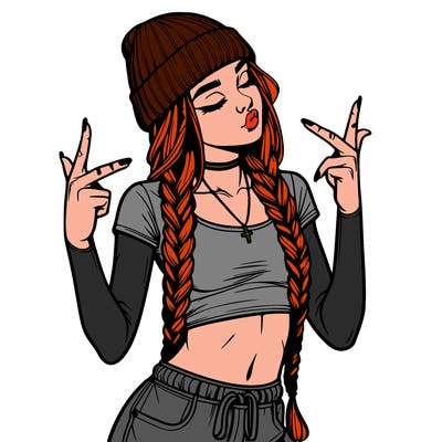 realistic teenage girl with braids and a beanie and crop top doing 🫶🏼