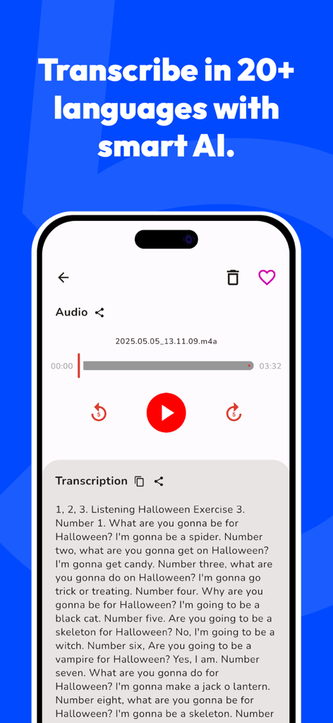 Voice Note Taker AI Simple - Smartphone screen showing an AI voice note transcription and audio playback controls