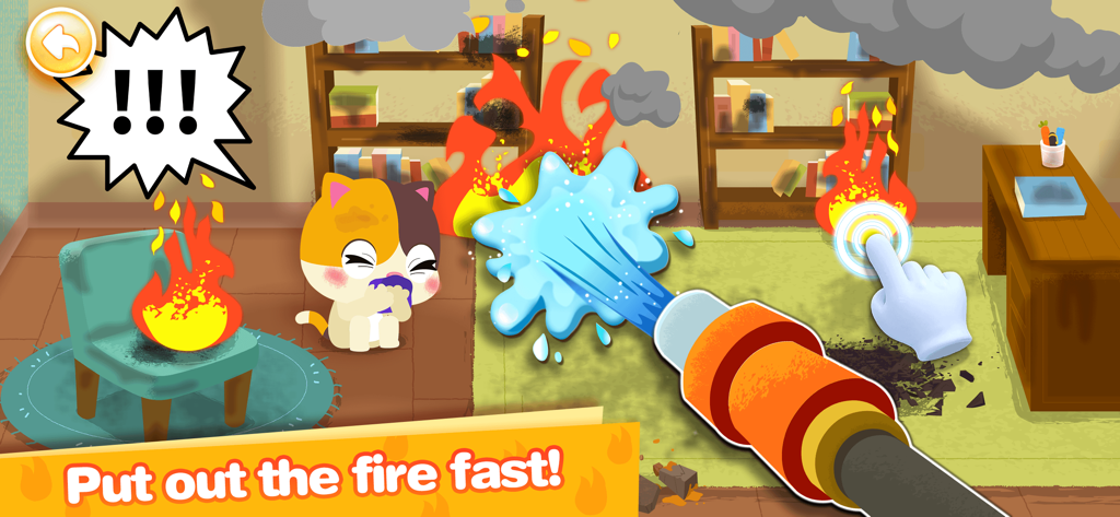 Baby Panda's Play-BabyBus - A cartoon cat and a water hose extinguishing a fire in the Baby Panda's Play app.