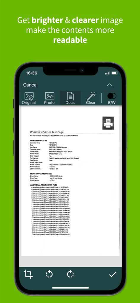 Clear Scan: Doc Scanner App - Interface of Clear Scan app showing document enhancement for better readability.