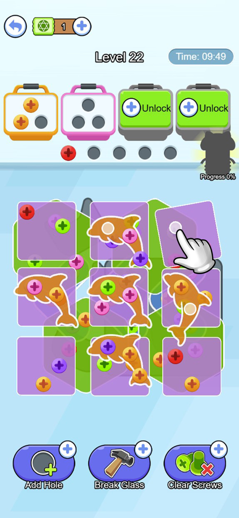 Gameplay of Screw Pin Jam Puzzle showing color sorting and unscrewing mechanics with dolphin shapes on the screen.