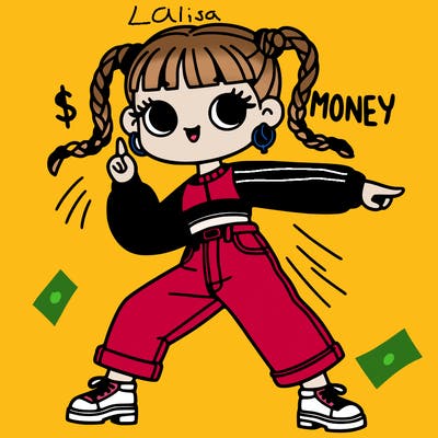 a girl with long pigtails and a crop top and loose jeans dancing and saying money