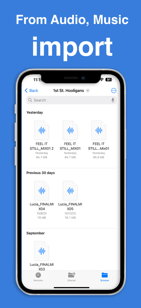 デバイスからオーディオおよび音楽ファイルをインポートするためのインターフェースを示すボイスチェンジャーアプリ画面