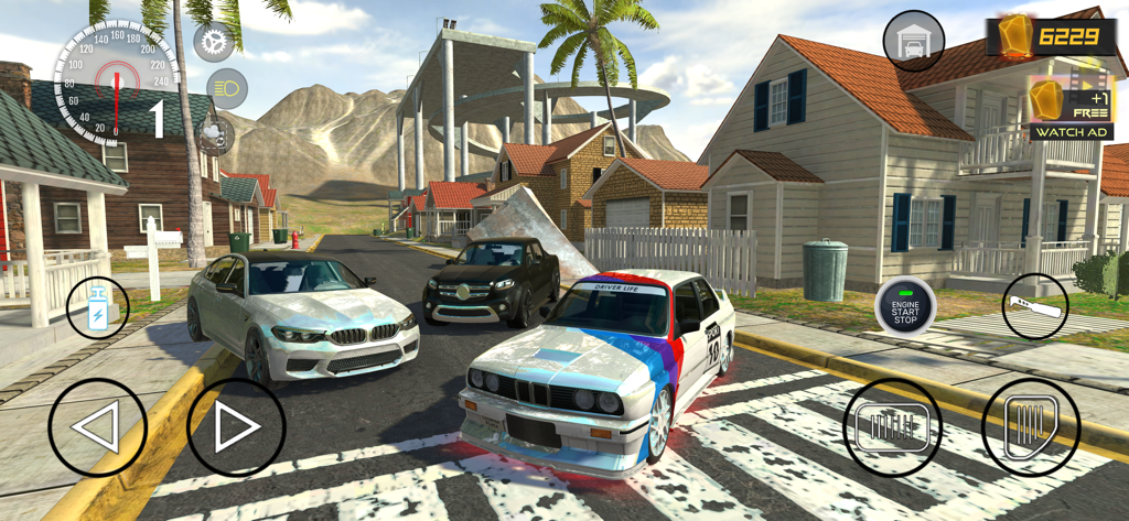 Driver Life (Car Simulator) - Gameplay screenshot of Driver Life showing realistic cars in an American village setting