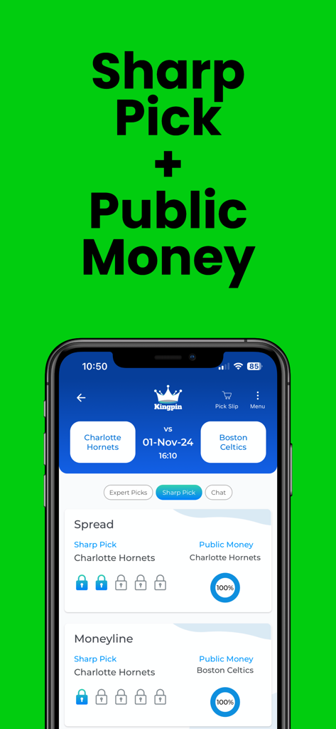 Kingpin sports betting app showing sharp picks and public money data for NBA games