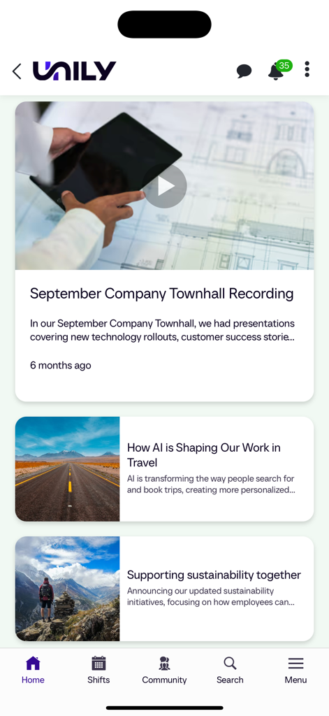 Unily Mobile employee app home screen showing a feed of company news articles and video recordings