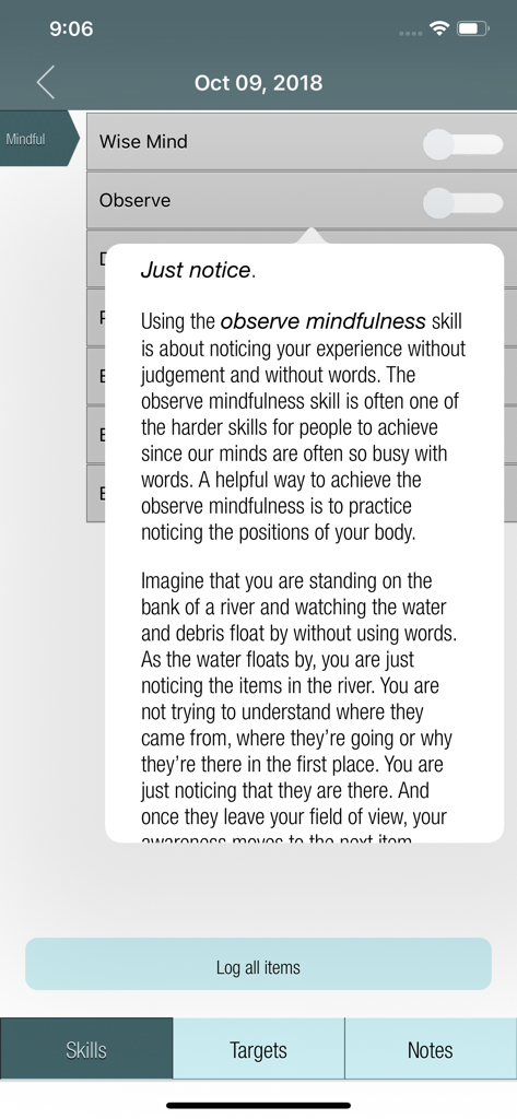DBT Diary Card & Skills Coach - A pop up window in the DBT Diary Card app explaining the observe mindfulness skill using a river metaphor
