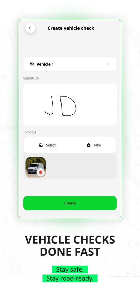 Geo2 Delivery Route Planner - A screenshot of the Geo2 app interface for performing quick vehicle checks including signature and photo upload fields
