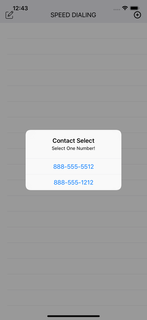Interfaz de la aplicación Marcación Rápida que muestra una ventana emergente para seleccionar un número de teléfono específico para un contacto.
