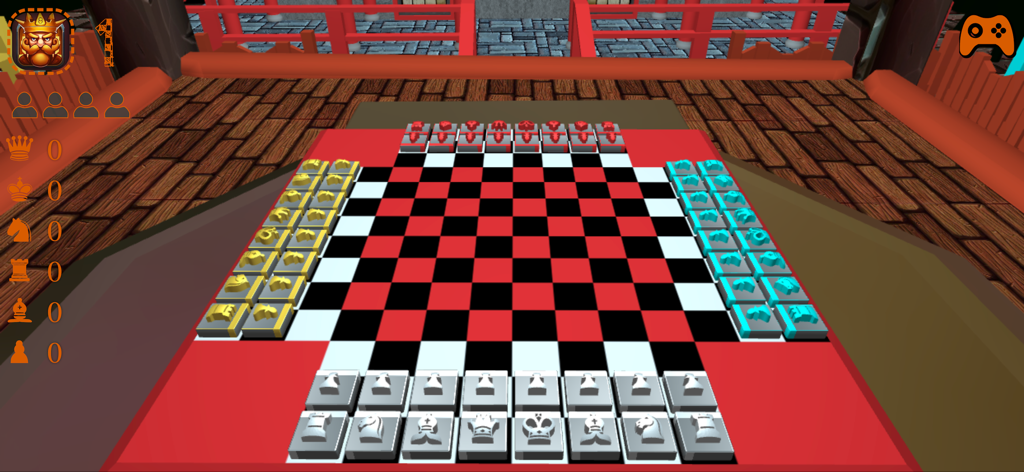 A four-player chess match on a cross-shaped board in a Dojo themed environment