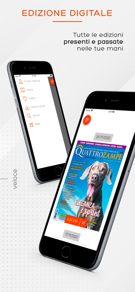 Quattrozampe Edicola Digitale - Quattrozampe mobile app screens showing a dog magazine cover and the digital navigation menu
