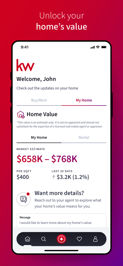 KW Real Estate - KW Real Estate app showing a personalized home market value estimate and agent contact option.