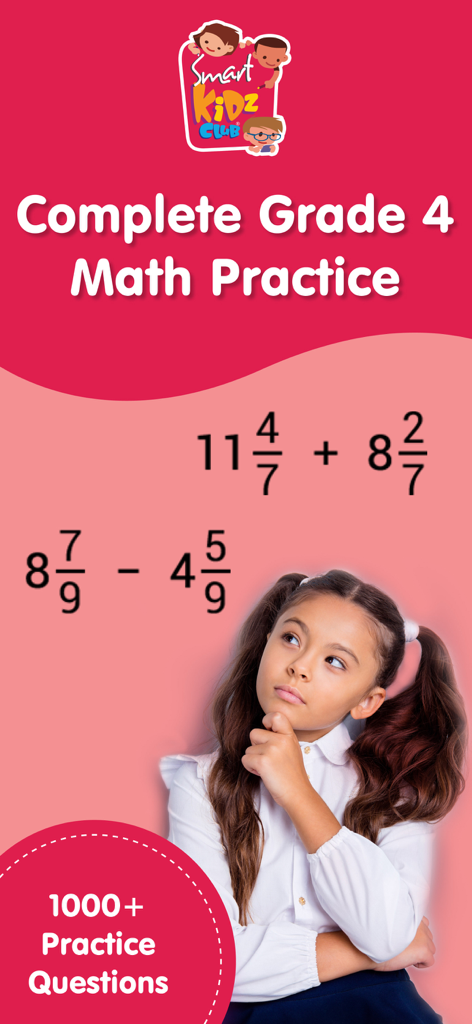 A girl thinking about 4th grade math fraction problems in the Math Master app