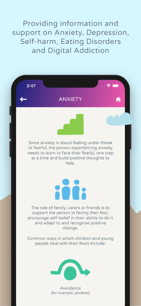 A screenshot of the Combined Minds app providing educational information and support strategies for family and friends of young people with anxiety.