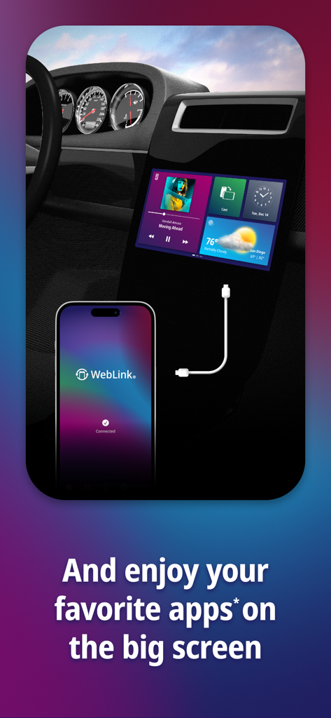 A smartphone connected to a car dashboard display using WebLink Host to show music and weather apps on the vehicle screen