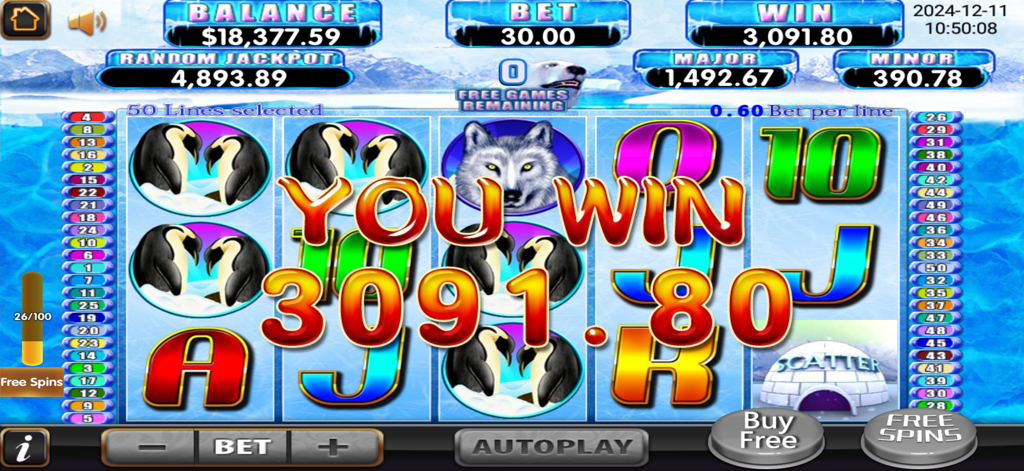 A big win screen on an arctic themed slot machine in the Lucky Gold casino app featuring penguins and a wolf