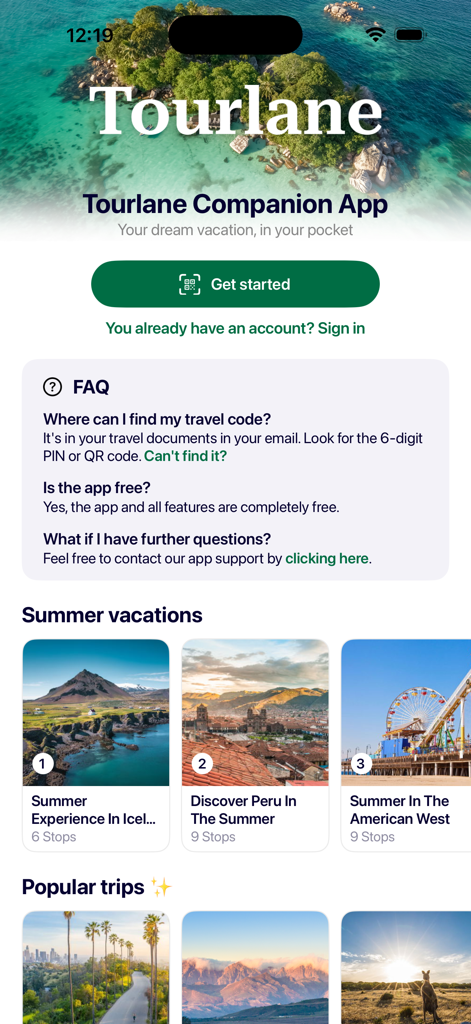 Tourlane app home screen featuring travel itineraries for Iceland and Peru with a Get Started button