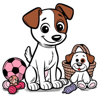 jack russel dog sitting with toys