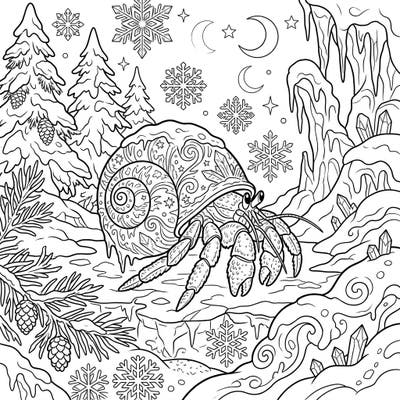 Discover the magic of winter with this captivating coloring page featuring a unique hermit crab nestled in a frosty wonderland. Designed for teens, it offers intricate details of snowflakes, icy formations, and a beautifully patterned shell waiting for your creative touch.