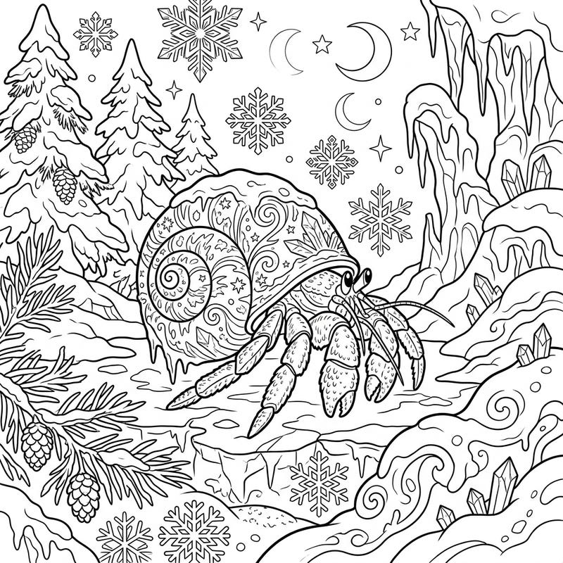 Discover the magic of winter with this captivating coloring page featuring a unique hermit crab nestled in a frosty wonderland. Designed for teens, it offers intricate details of snowflakes, icy formations, and a beautifully patterned shell waiting for your creative touch.