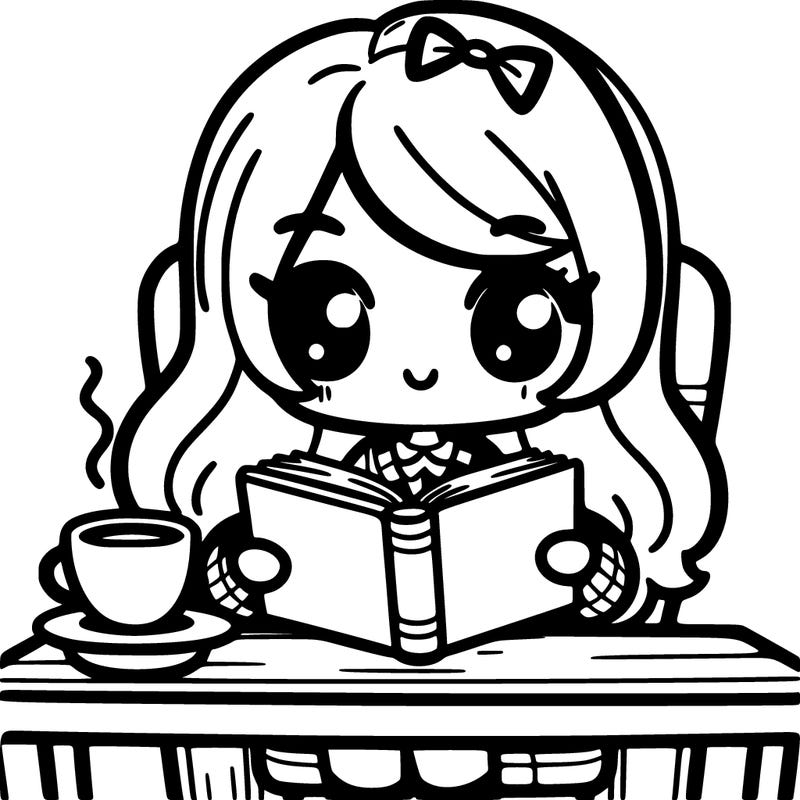 cute girl reading a book with a cup of coffee on a table