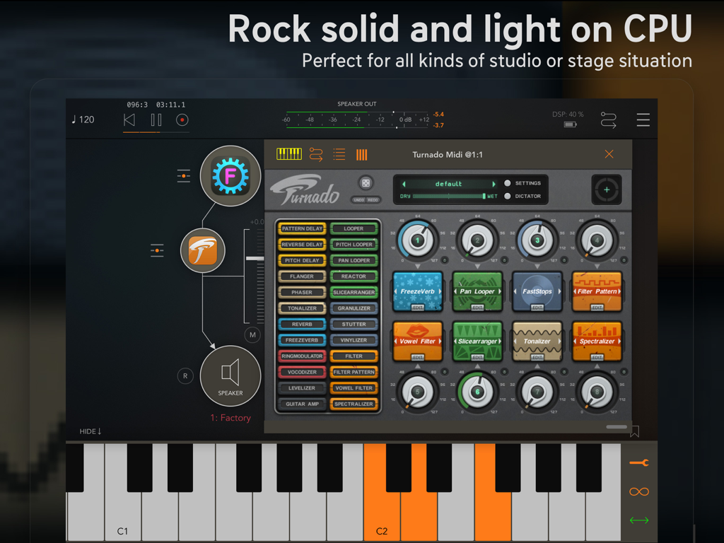 Turnado music app interface on iPad featuring real-time audio effect knobs and a piano keyboard