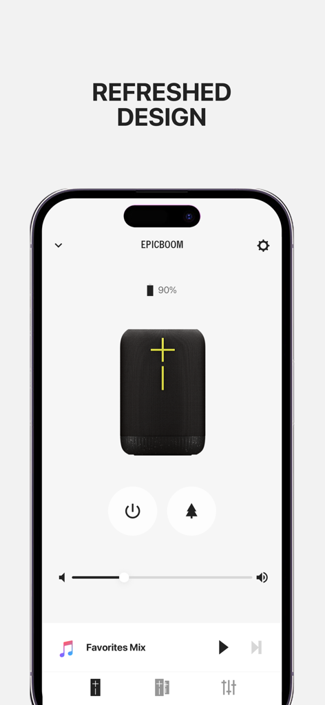 Interface of the UE BOOM app showing remote controls for an EPICBOOM speaker