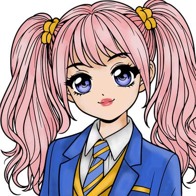 realistic girl with two ponytails and a suit on