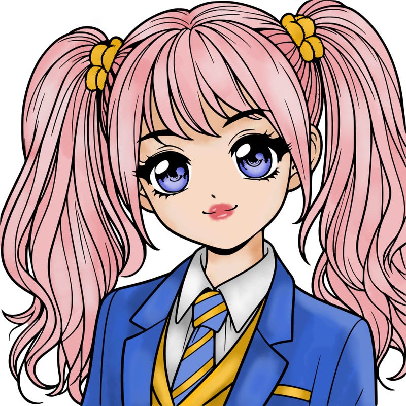 realistic girl with two ponytails and a suit on