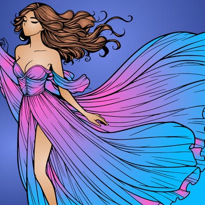 realistic woman in dress flowing the the wind