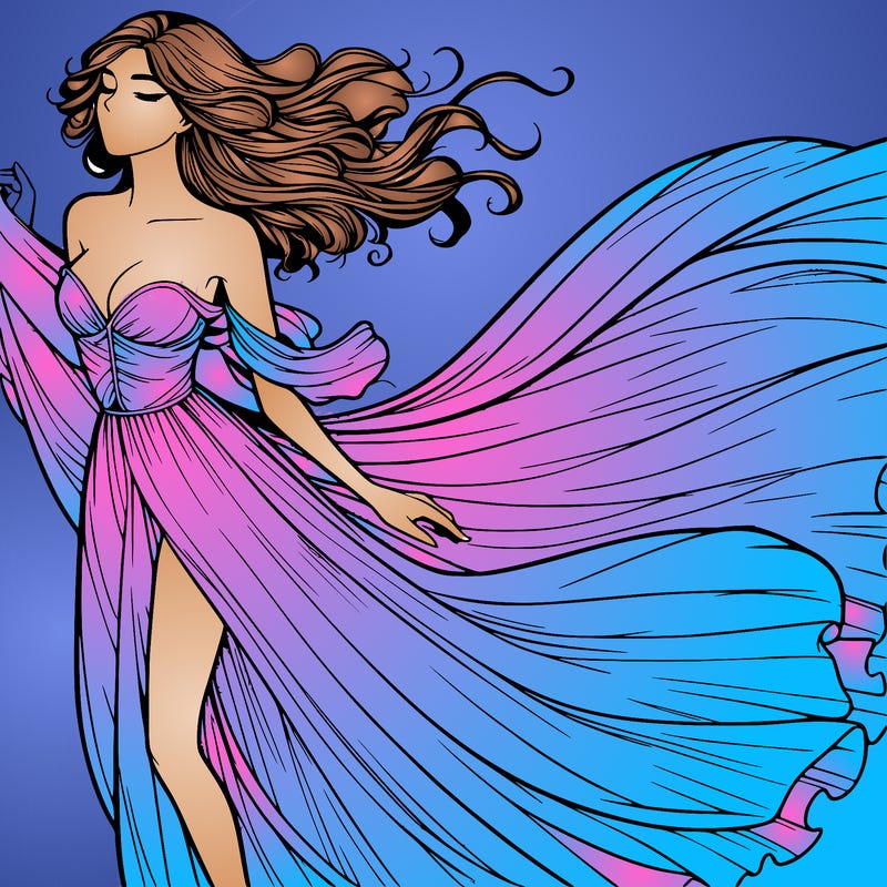 realistic woman in dress flowing the the wind