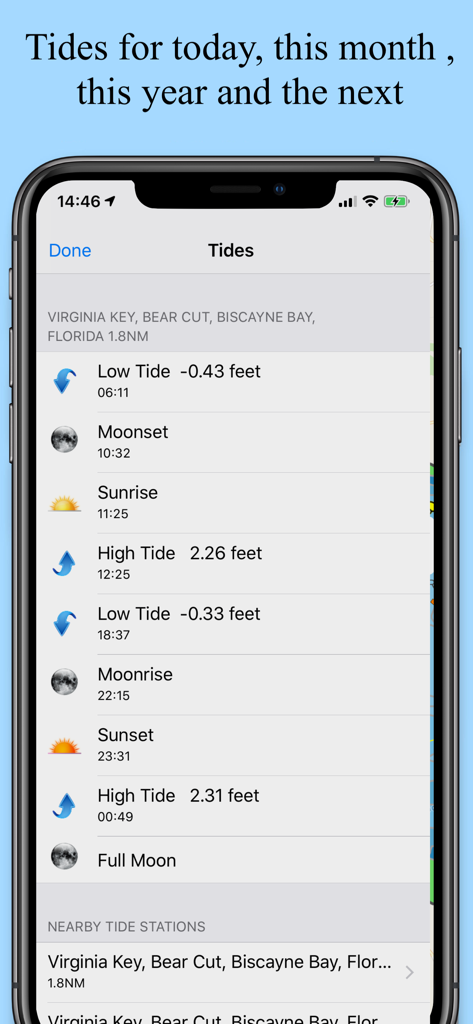 SeaNav NP mobile app interface showing high and low tide times, sunrise, sunset, and moon phases for Virginia Key, Florida.
