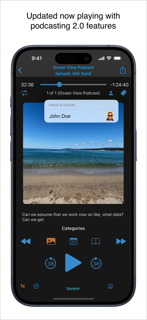 iCatcher Podcast Player Now Playing screen on iPhone featuring Podcasting 2.0 features like host information and playback controls.