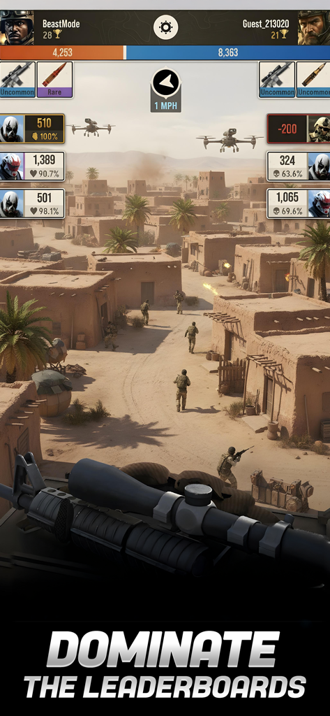 Sniper Battle: 3D War Shooter - First-person sniper view of a 1v1 duel in a desert village with drones and player leaderboard stats.