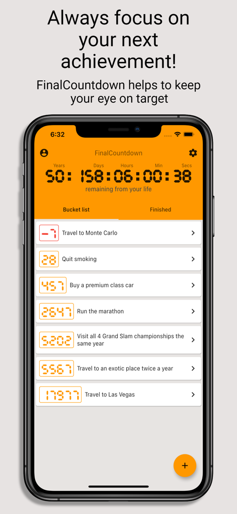 FinalCountdown Bucket List App - Smartphone interface showing a life countdown timer and a bucket list of goals including travel and health achievements