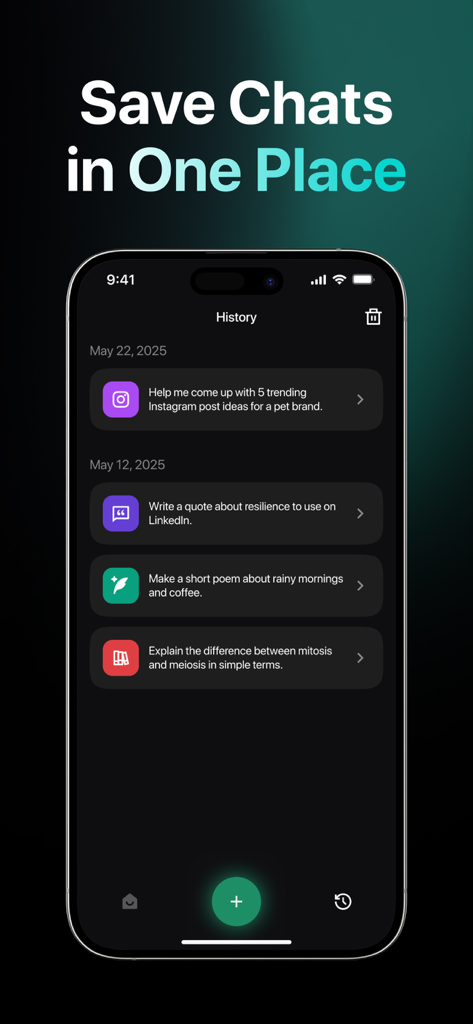 Chatbot 5: AI Chat Assistant - 저장된 AI 대화 및 창의적인 프롬프트 목록을 보여주는 Chatbot 5 앱의 채팅 기록 화면