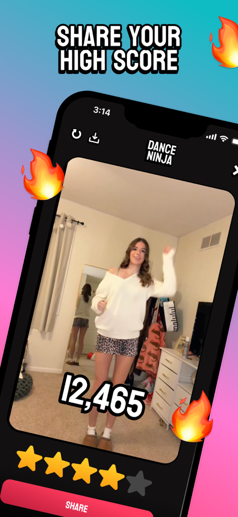 Dance Ninja - Filter Games - Smartphone screen displaying a dance performance score in the Dance Ninja app