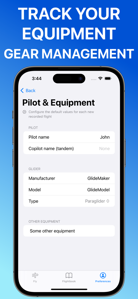 Paragliding Tracker: Wingman - Smartphone display showing paragliding equipment and pilot settings in the Wingman app