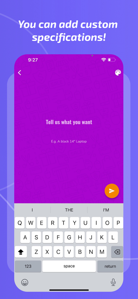 Pamo - Interface do aplicativo Pamo para compradores inserirem especificações personalizadas e postarem uma solicitação de item.