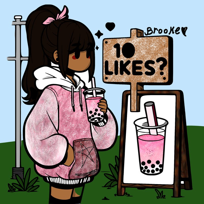 girl with oversized hoodie drinking boba and she has a high ponytail with a sign that says 10likes?