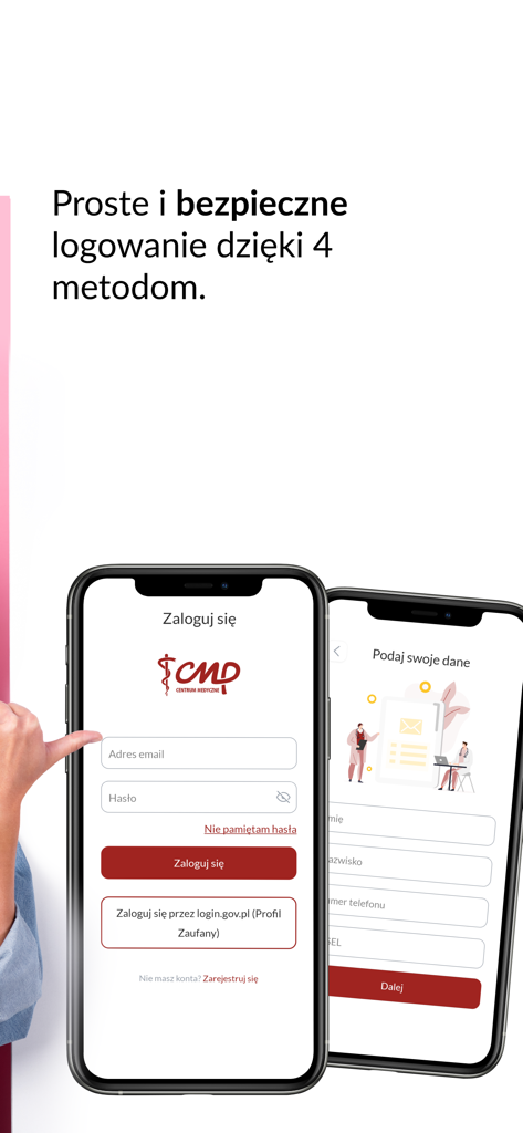 Mobile phone screens showing the secure login and registration interface for the Portal Pacjenta CMP medical app.