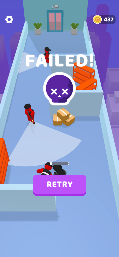 A gameplay screenshot of Super Cloner 3D showing a failed mission screen with a retry button and stealth enemies