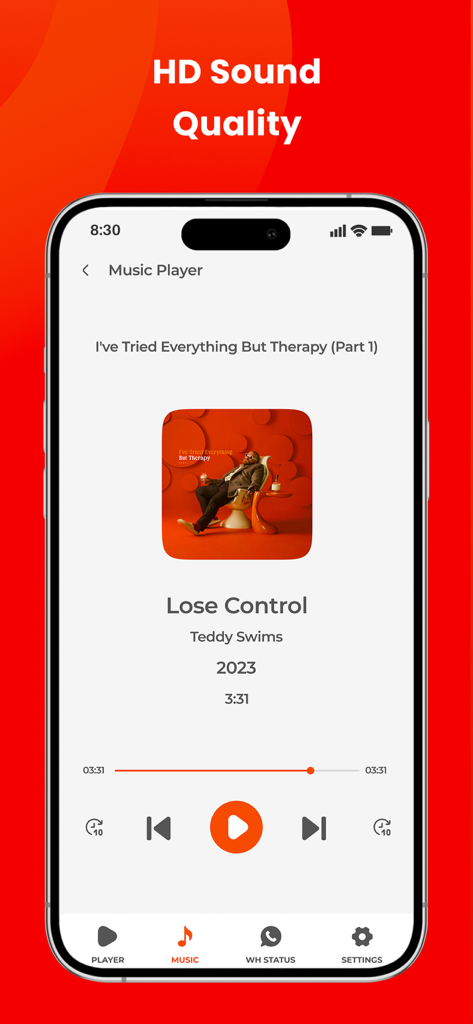 Interfaccia dell'App Musica Offline che mostra la qualità del suono HD e uno schermo del lettore musicale che riproduce una canzone.