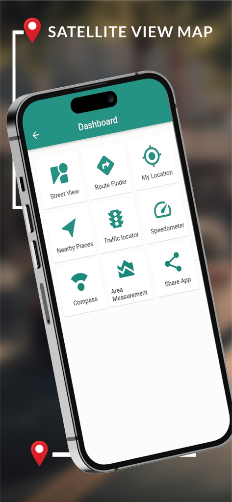 Live Satellite View & Maps - Dashboard der Live Satellitenansicht und Karten-App mit Navigationswerkzeugen wie Street View und Routenfinder auf einem iPhone